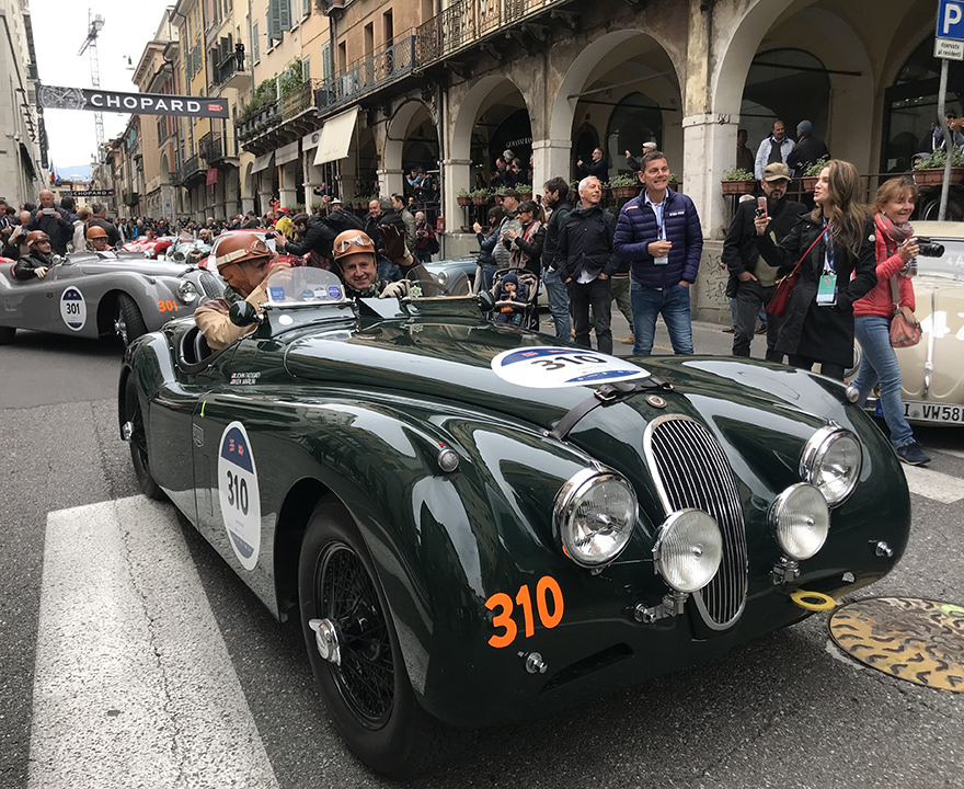 Marlin drives his 1954 Jaguar across Italy in the Mille Miglia, “1,000 Mile,” race