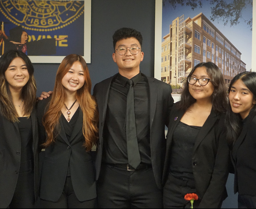 Phi Alpha Delta’s Executive Board Claire Lin, Phan, David Baek, Nella Sihombing and Nancy Reynoso at the Winter 2024 induction ceremony of new members